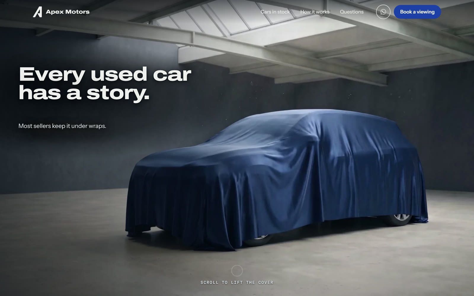 The Apex Motors demo on a laptop: a car under a blue cover in a showroom, with the headline Every used car has a story.